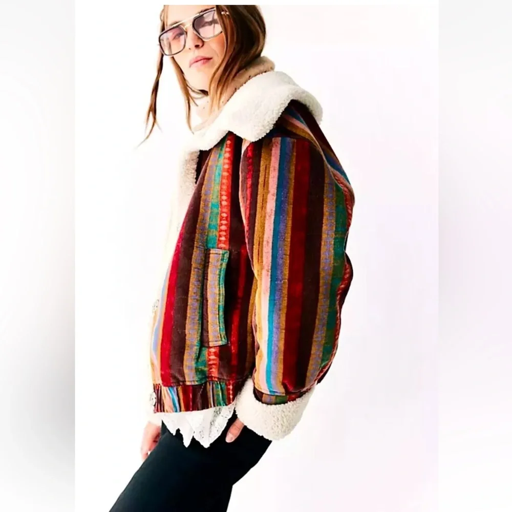 Free People We The Free Corrigan Cozy Cord Jacket Rainbow Stripe Faux Sherpa - Picture 4 of 7